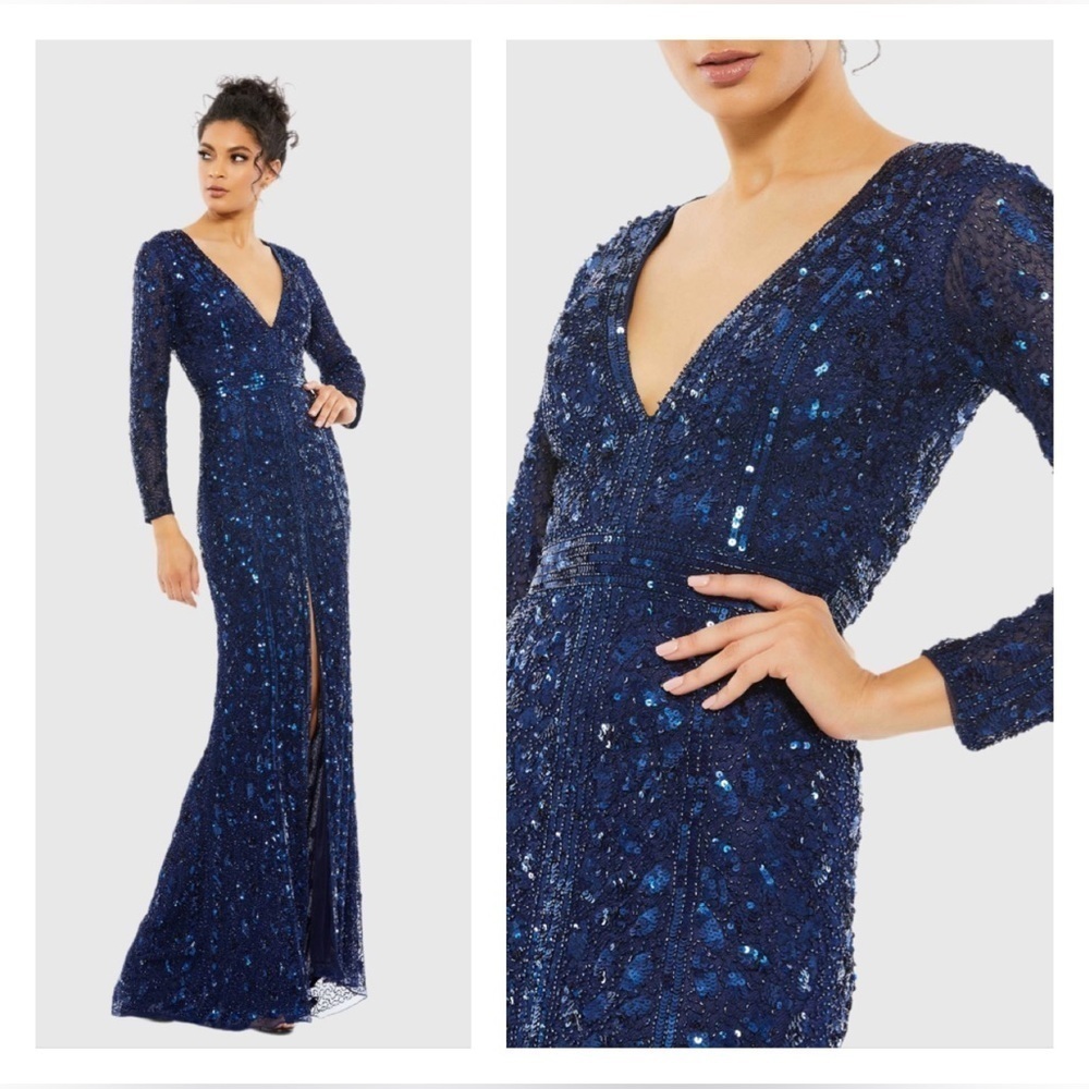 MAC DUGGAL 5002 NWOT Embellished Front Slit Long Sleeve Gown